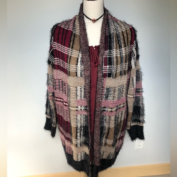 Anthropologie Oliver by Escio Maroon Plaid Open NWT Cardigan Size XL - Picture 4 of 9